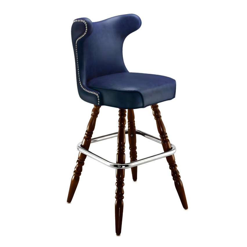 Navy Blue Silverado cowboy bar stool featuring a softly cushioned upholstered seat and a polished wood frame with Western-inspired lines