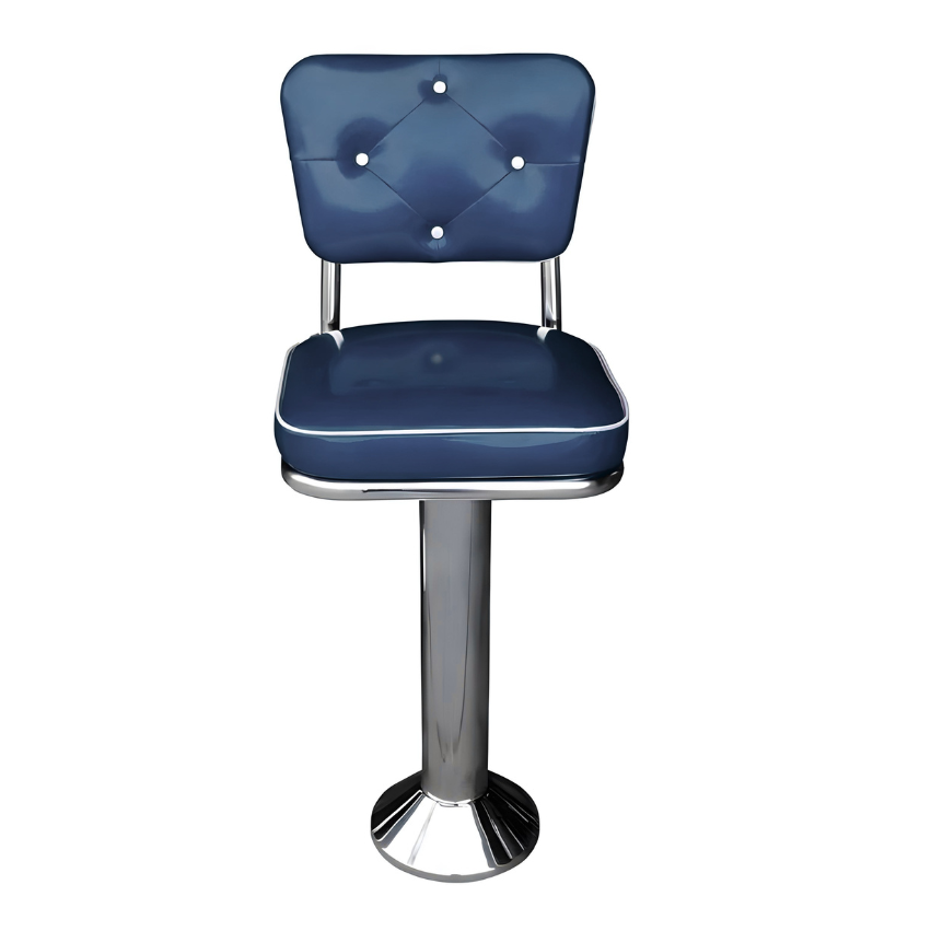 Navy Blue Vanellope bolted chrome  bar stool featuring smooth performance upholstery and a permanent floor-mounted metal base for refined stability