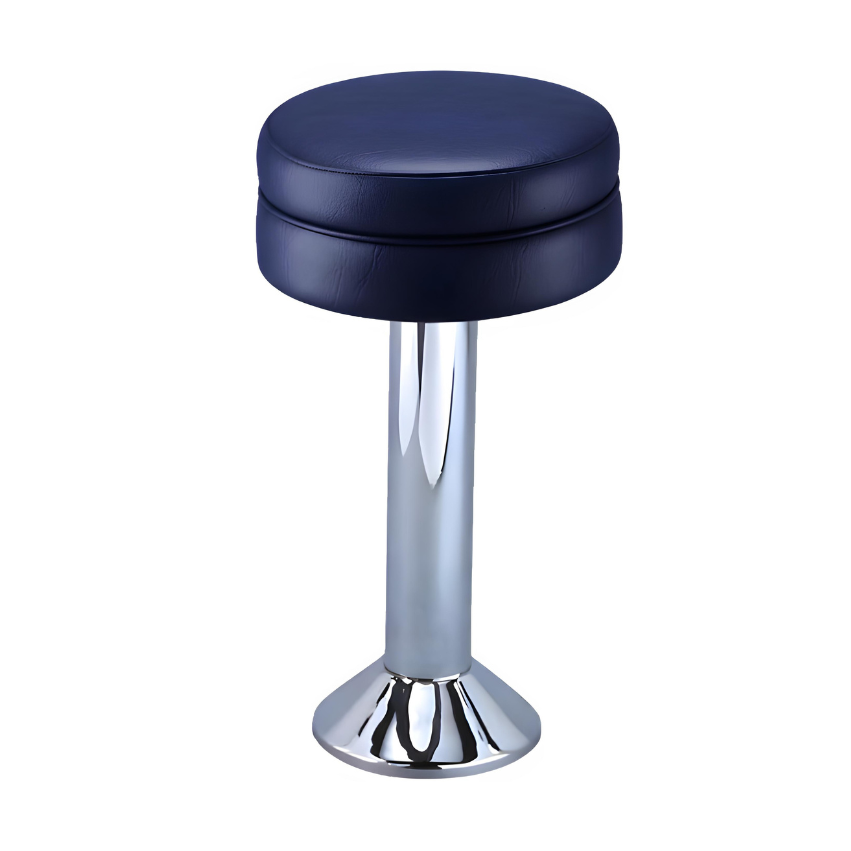 Navy Blue Winslow bolted bar stool featuring a sleek compact seat and a permanent floor-mounted chrome base for commercial stability