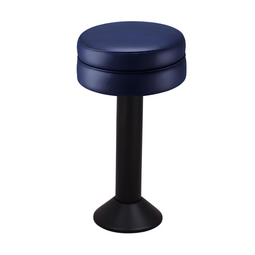 Navy Blue Winslow bolted bar stool featuring a sleek compact seat and a permanent floor-mounted black base for commercial stability