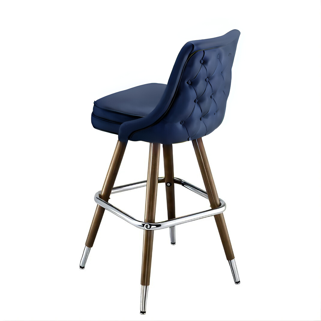 Navy Tufted rolled edge modern bar stool featuring performance upholstery seat diamond buttons with brown metal and silver legs