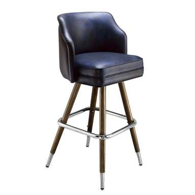 Navy Tufted square modern bar stool featuring performance upholstery seat with brown metal and silver metal legs