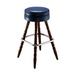 Blue upholstered bar stool with round seat, chrome footrest, turned wooden legs