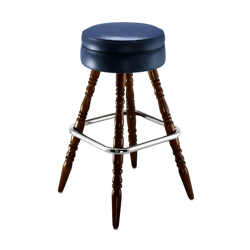 Blue upholstered bar stool with round seat, chrome footrest, turned wooden legs
