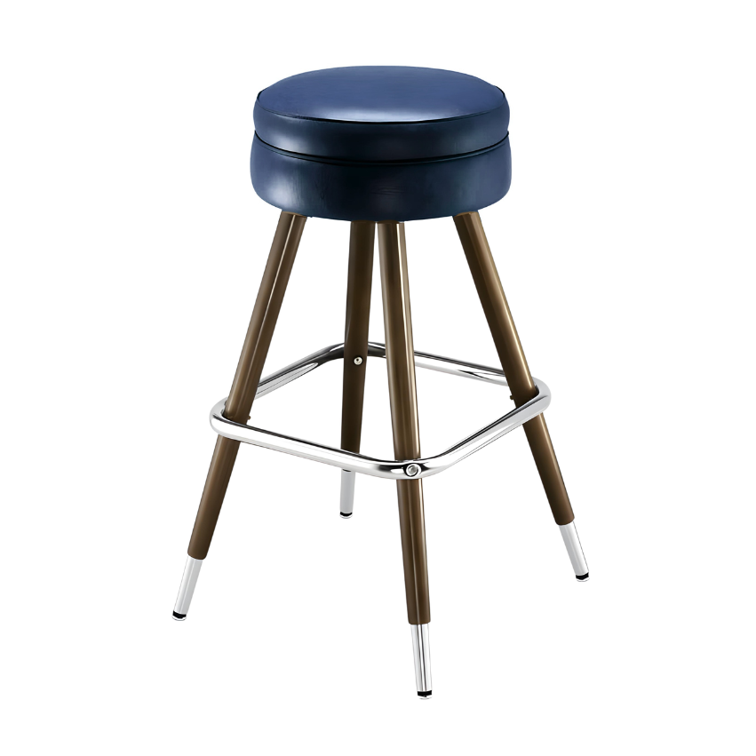 Blue upholstered bar stool with round padded seat, chrome footrest, brass legs