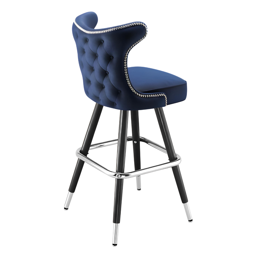 Navy blue Prescott Cowboy bar stool featuring classic button tufting and a 90-degree auto-return black metal swivel base with performance upholstery