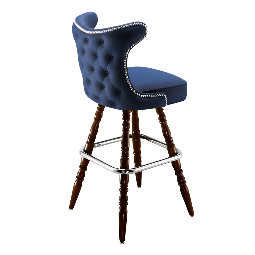 Navy blue Prescott Cowboy bar stool featuring classic button tufting and a 90-degree auto-return wood swivel base with performance upholstery