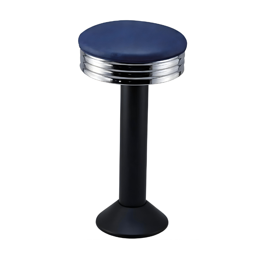 Navy blue black Wentworth bolted bar stool featuring a minimal modern seat and a permanent floor-mounted metal base for enduring stability