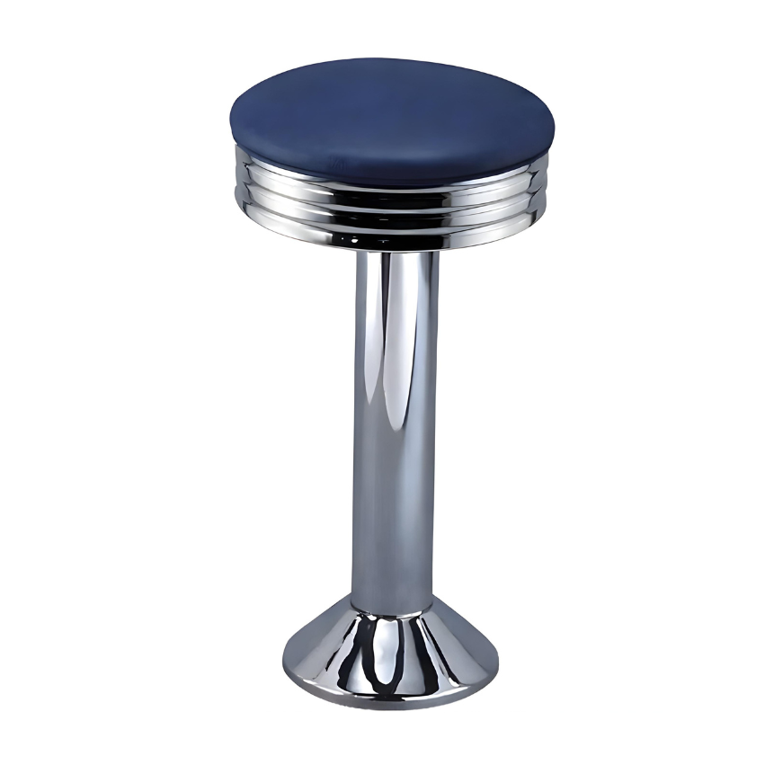 Navy blue chrome Wentworth bolted bar stool featuring a minimal modern seat and a permanent floor-mounted metal base for enduring stability