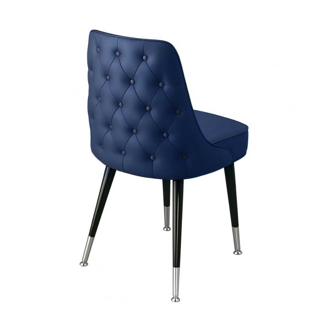 Navy tufted modern Club Chair featuring a low-slung performance upholstery seat and black silver metal legs