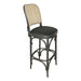 Theo bar stool angled view with beige woven back, dark round seat, and dark wood frame