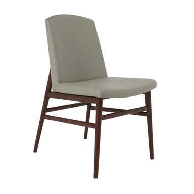 Upholstered side chair with light gray seat and back, dark brown wood frame