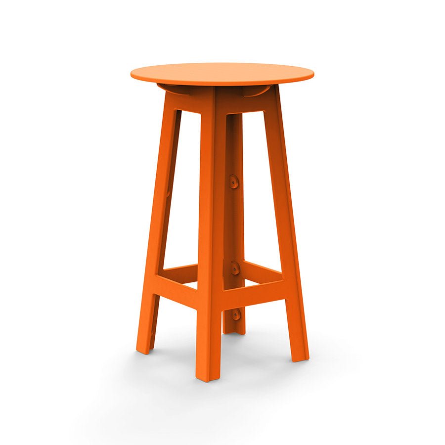 Orange round bar table with angled legs and open-frame cutouts