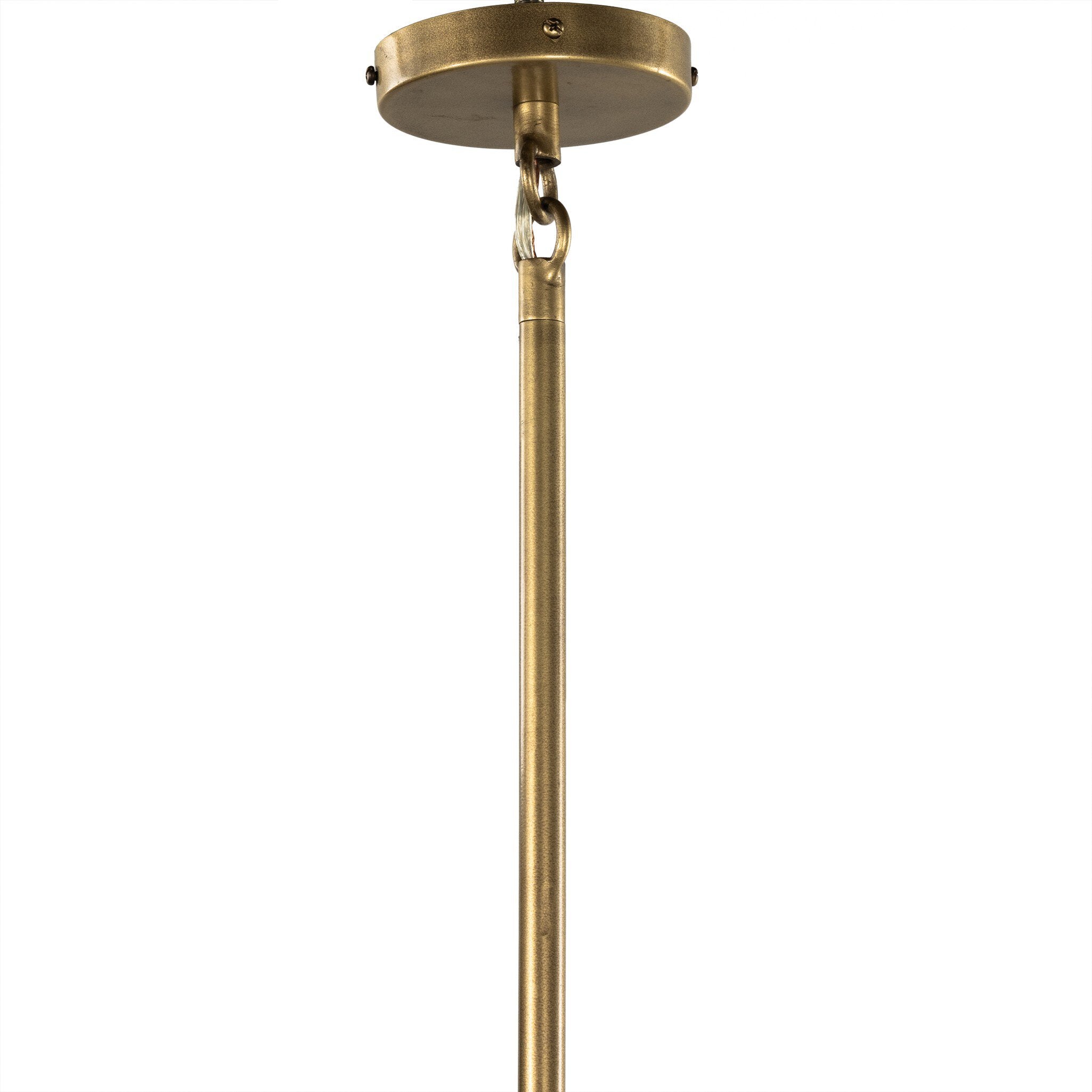 Oren 28-inch disc-shaped pendant light with antique brass iron rod close image of detailing