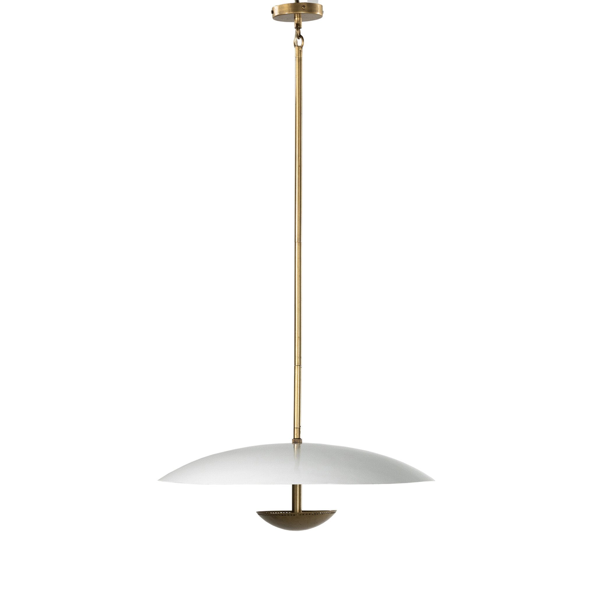 Full product shot Oren 28-inch disc-shaped pendant light with antique brass iron rod and cream metal shade