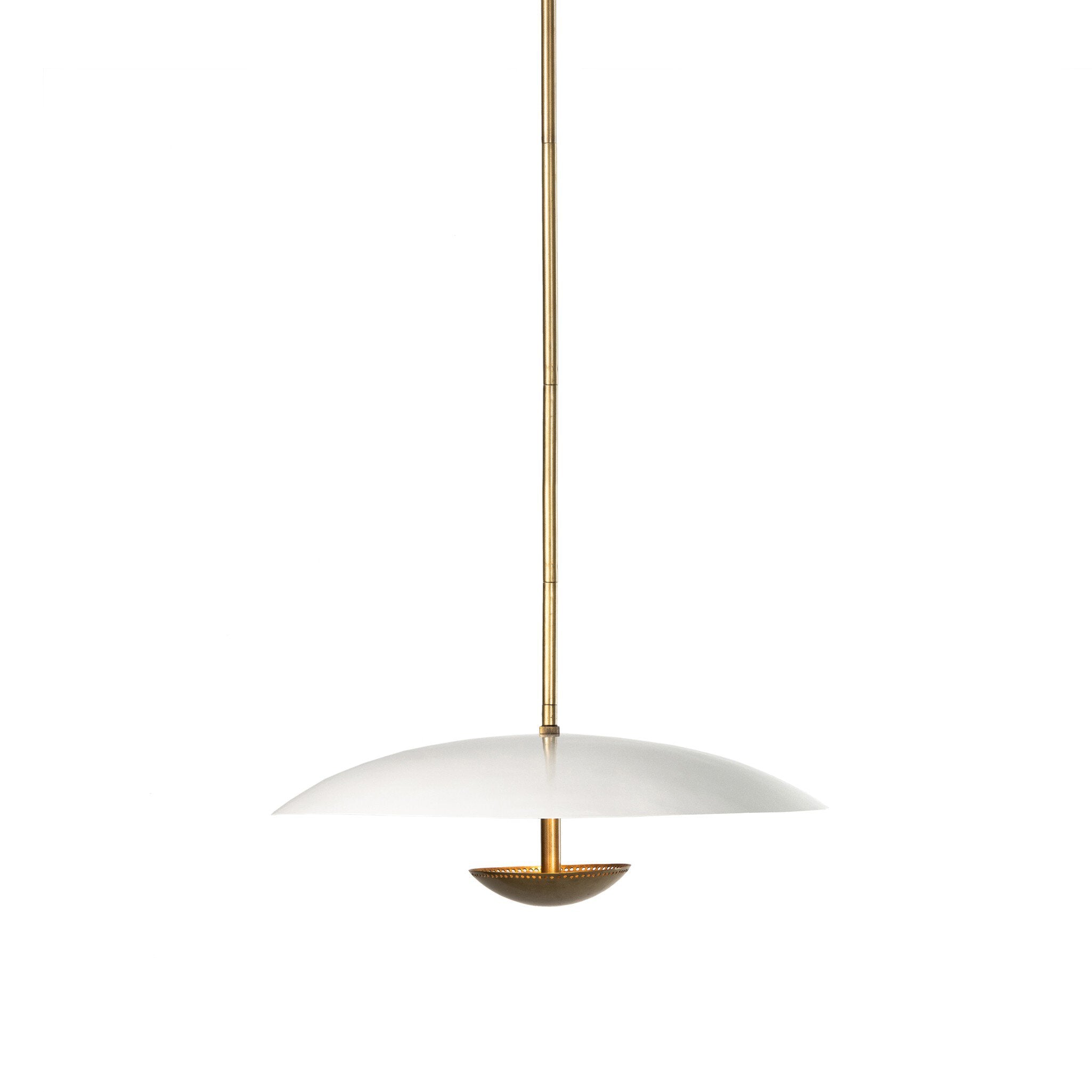 Oren 28-inch disc-shaped pendant light with antique brass iron rod and cream metal shade close view of light