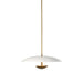 Oren 28-inch disc-shaped pendant light with antique brass iron rod and cream metal shade close view of light