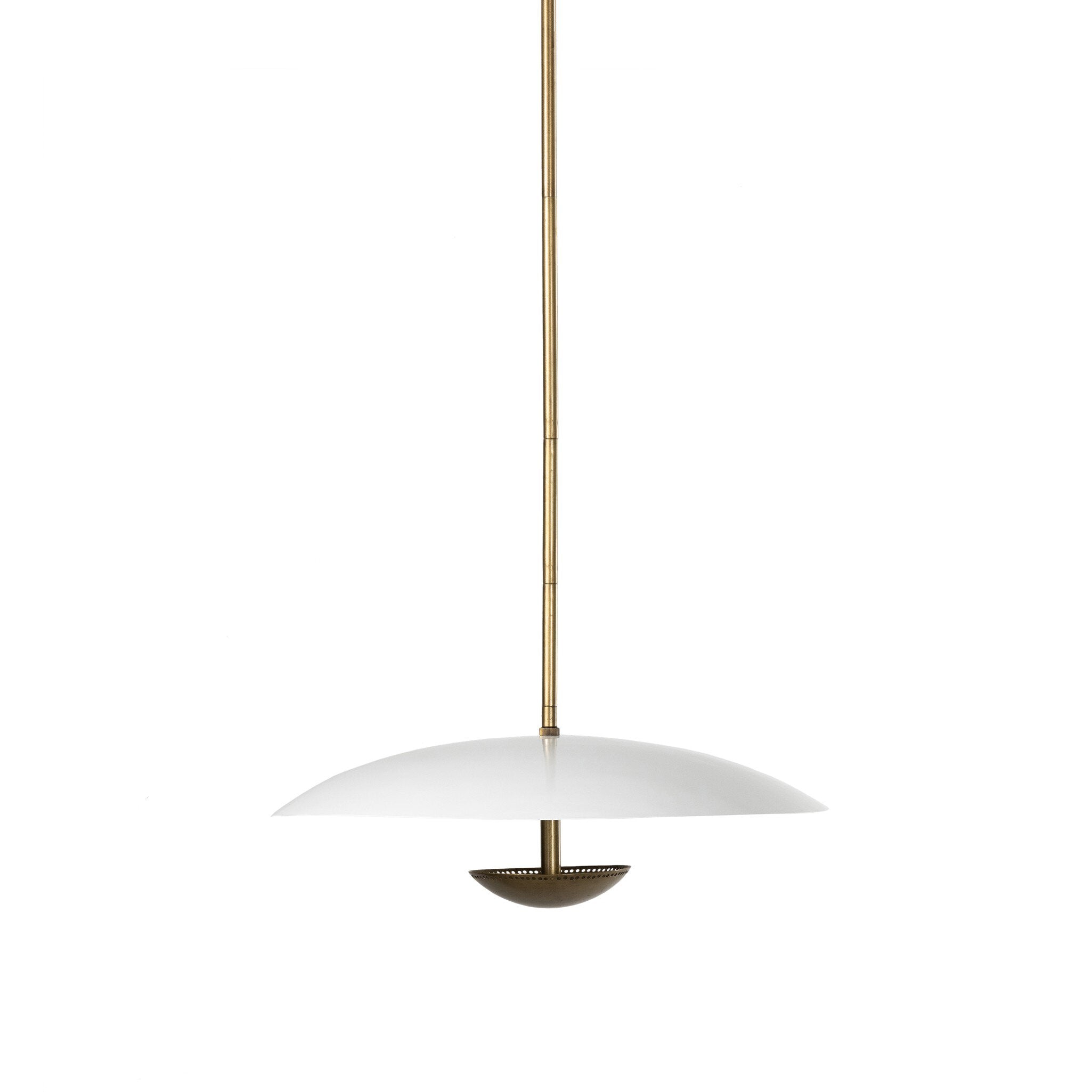 Oren 28-inch disc-shaped pendant light with antique brass iron rod and cream metal shade