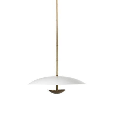 Oren 28-inch disc-shaped pendant light with antique brass iron rod and cream metal shade
