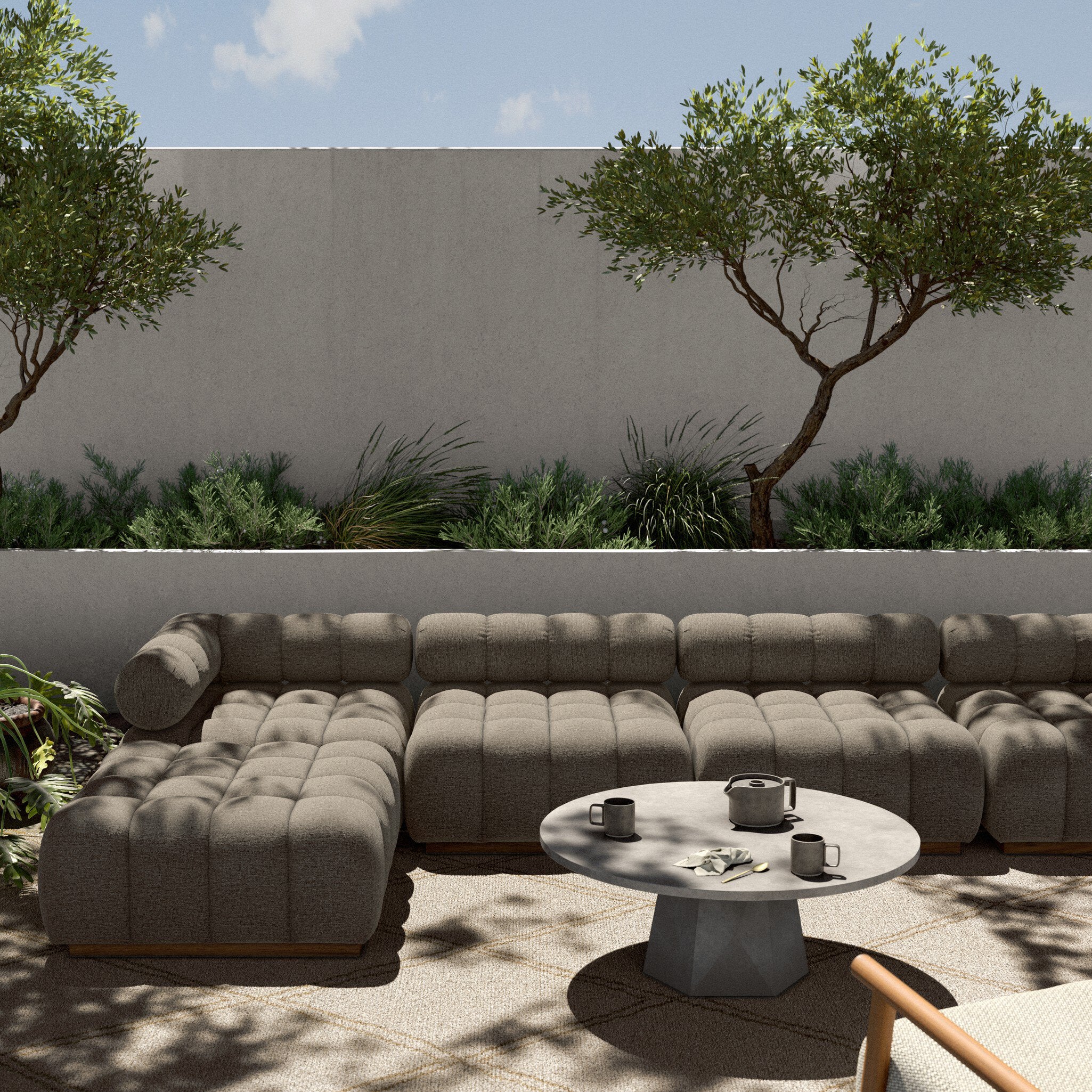 Outdoor modular sectional in Alessi Fawn with corner chaise and wide chaise seating