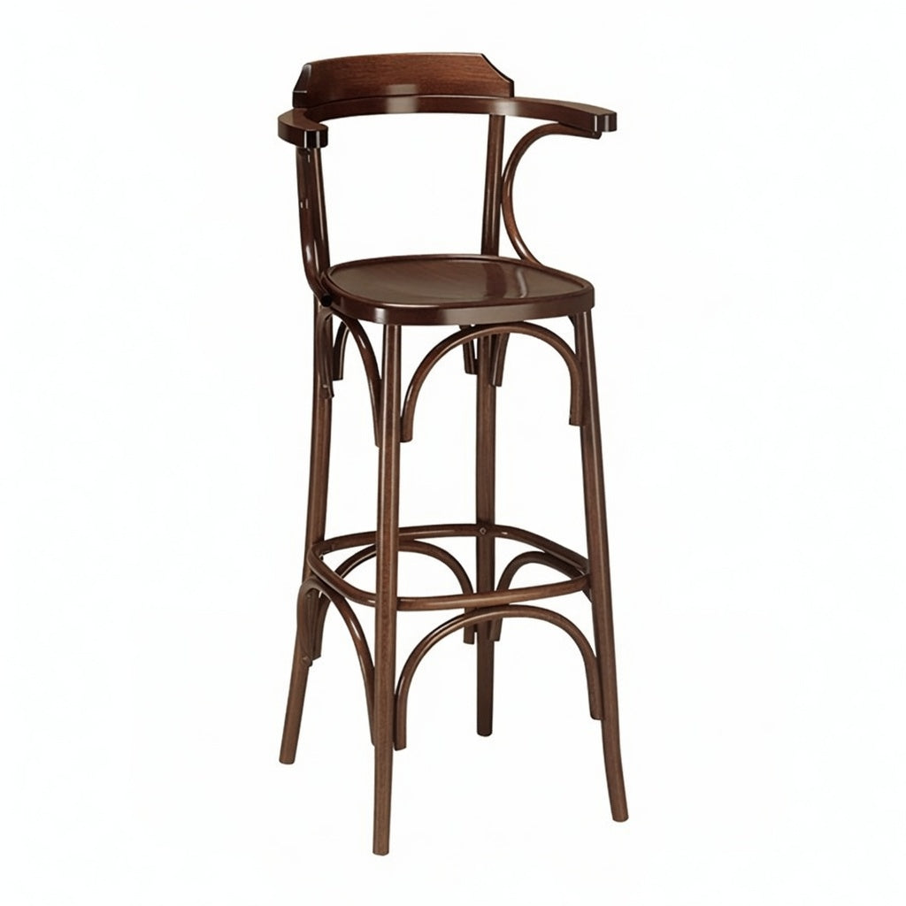Brown wooden bar stool with curved arms, arched back, and round footrest