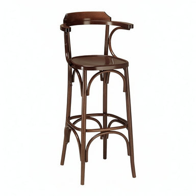 Brown wooden bar stool with curved arms, arched back, and round footrest