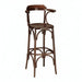 Brown wooden bar stool with curved arms, arched back, and round footrest