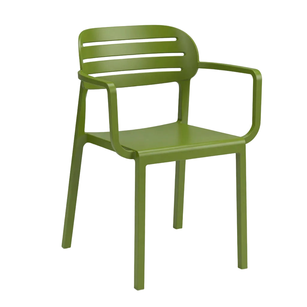 Arm chair with armrests, olive green frame and slatted back