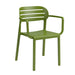 Arm chair with armrests, olive green frame and slatted back