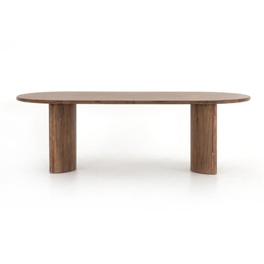 Paden Dining Table in Seasoned Brown Acacia with crescent-shaped legs and an oval tabletop