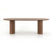 Paden Dining Table in Seasoned Brown Acacia with crescent-shaped legs and an oval tabletop