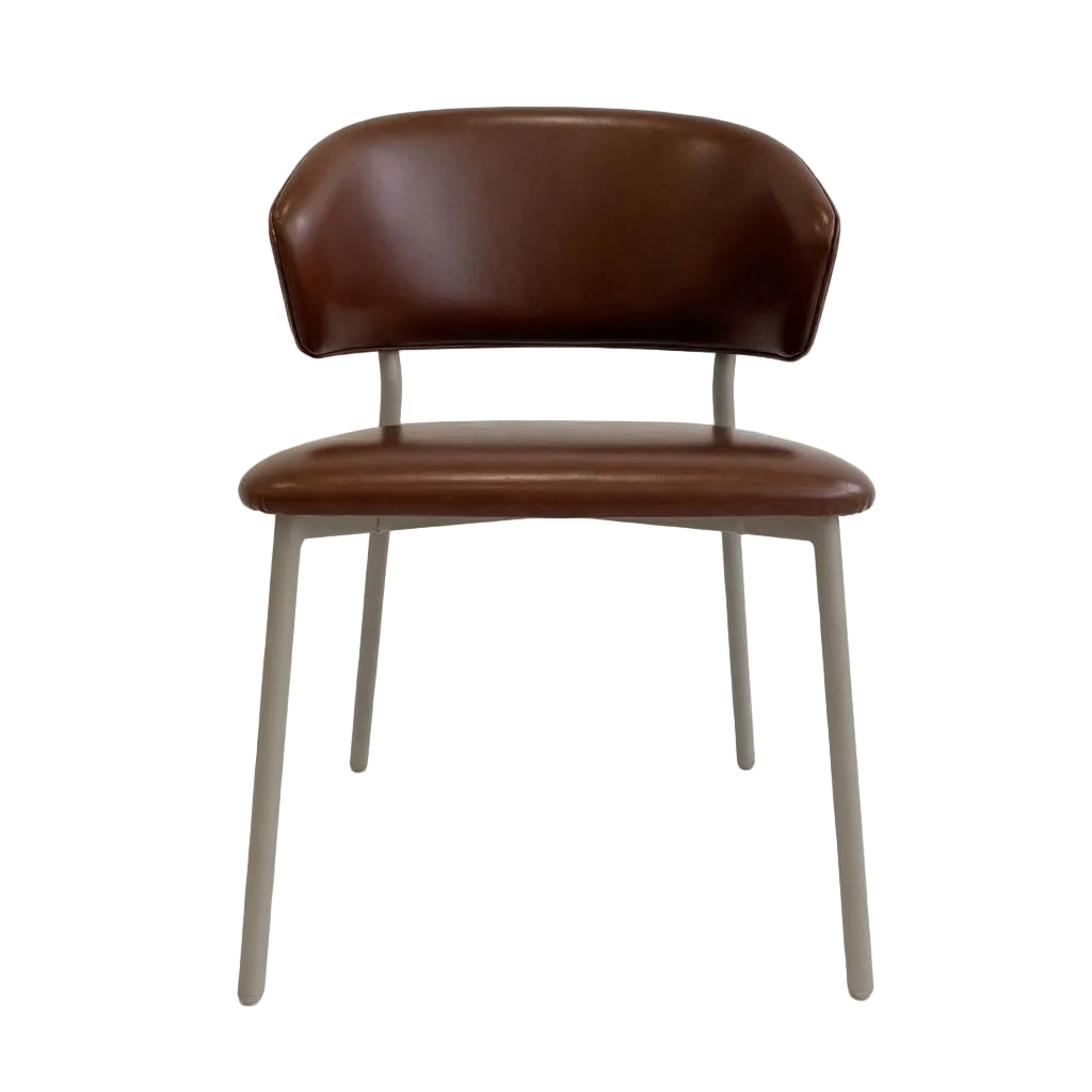 Side chair with brown upholstered seat and backrest, curved armrests, taupe metal legs