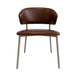 Side chair with brown upholstered seat and backrest, curved armrests, taupe metal legs