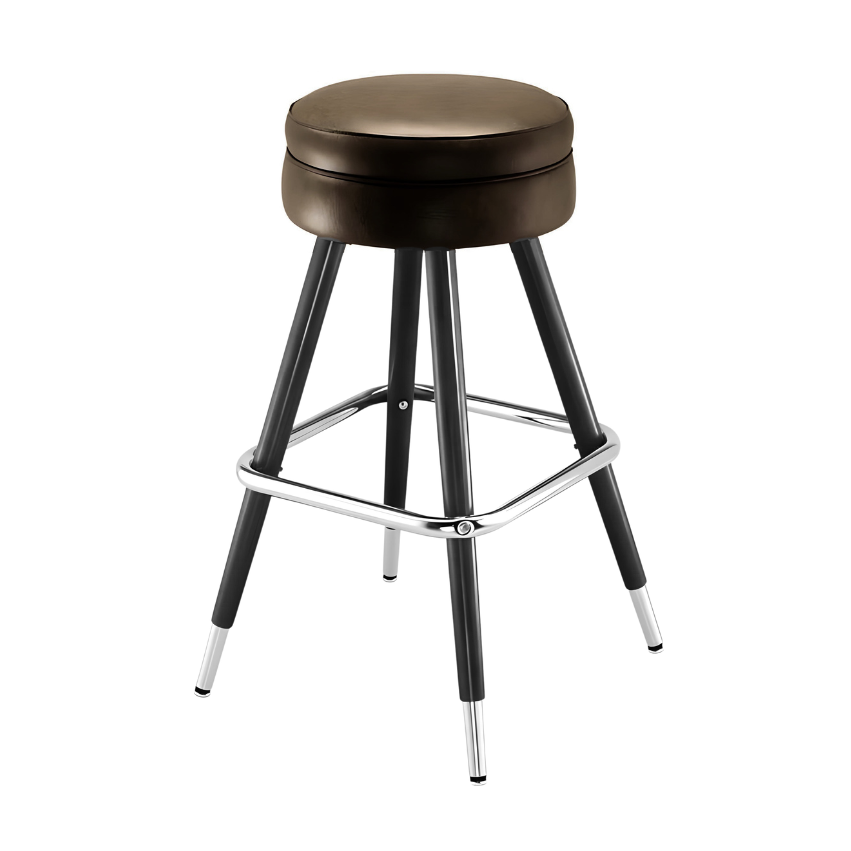 Brown upholstered bar stool with round seat, chrome footrest, dark tapered legs