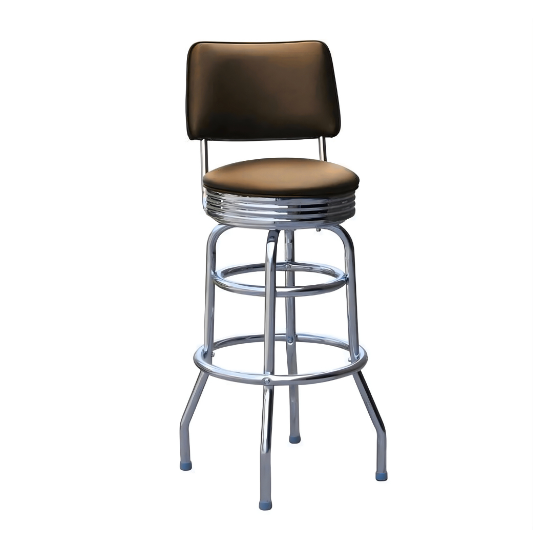 Porcini Belmont Double Ring Bar Stool by Social Design Supply Co: A vintage-inspired commercial bar stool with a padded backrest and chrome double-ring base for upscale hospitality seating