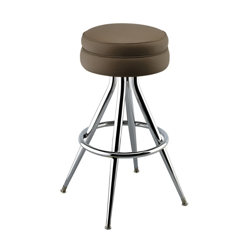 Porcini Brown Briar Bar Stool with upholstered seat, featuring polished chrome frame with a built-in footrest