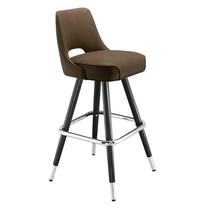 Porcini Brown Celine modern bar stool featuring a sculptural cutout back and a softly cushioned upholstered seat with a minimalist black metal frame
