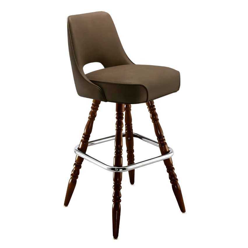 Porcini Brown Celine modern bar stool featuring a sculptural cutout back and a softly cushioned upholstered seat with a minimalist wooden frame