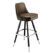 Dark brown leather bar stool with curved back; black metal legs and chrome base