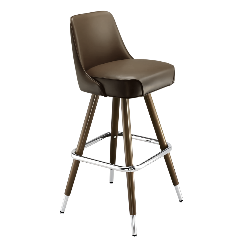Brown leather bar stool with curved back and padded seat; straight wood legs, chrome base