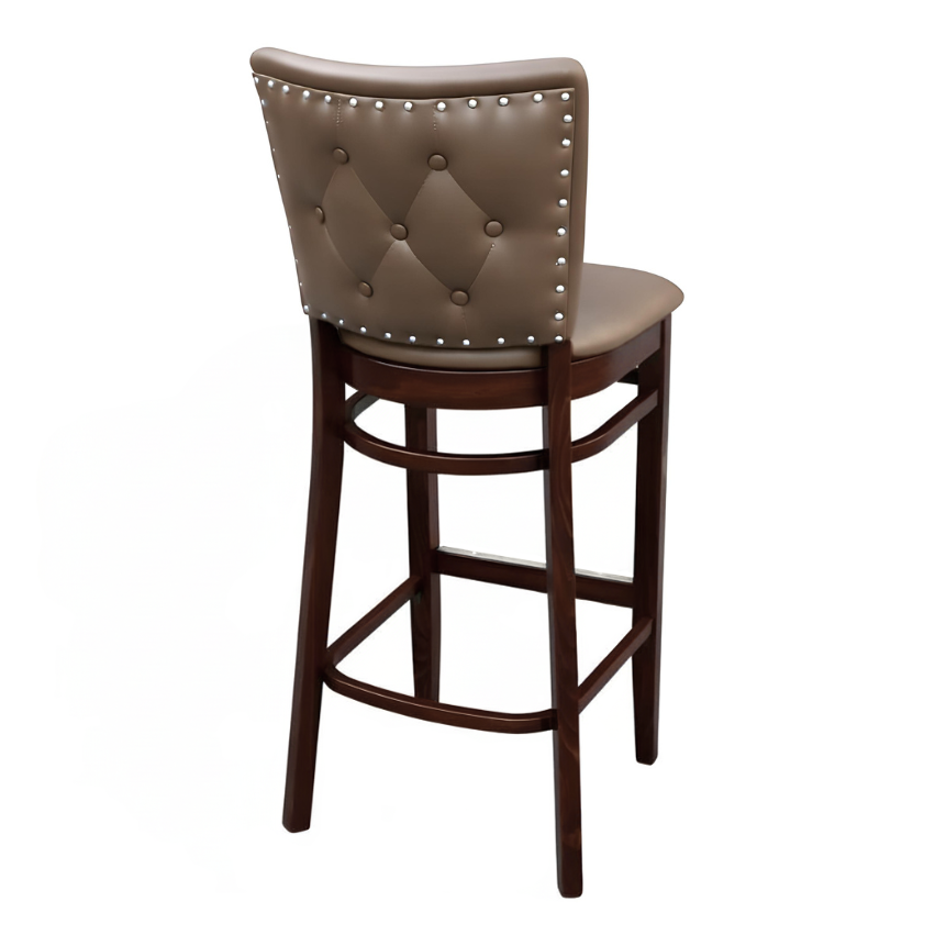 Porcini Brown Dame Quincy Bar Stool with a tufted upholstered backrest, padded seat, and dark wood frame with a built-in footrest