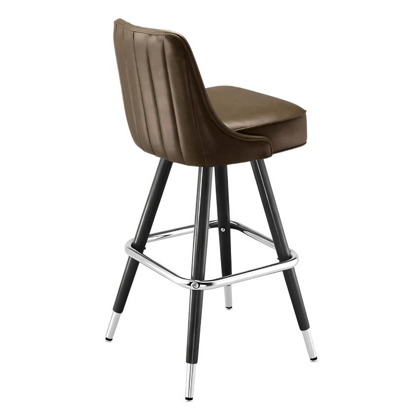 Porcini Brown Delano channel bar stool featuring vertical channel stitching and a clean-lined upholstered seat with a sturdy black metal frame