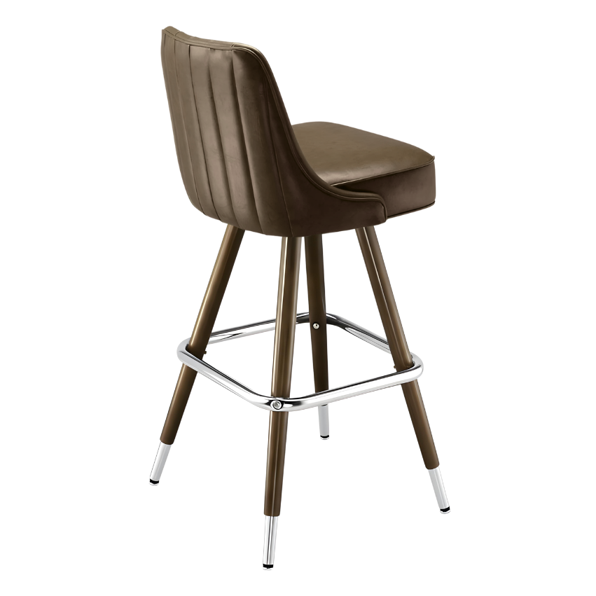 Porcini Brown Delano channel bar stool featuring vertical channel stitching and a clean-lined upholstered seat with a sturdy wood metal frame
