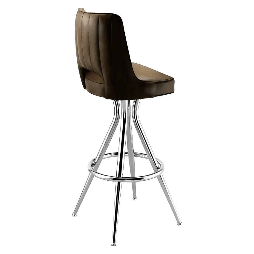 Porcini Brown Modern Rowan bar stool featuring a softly cushioned swivel seat and a grounded metal frame with clean architectural lines for hospitality use