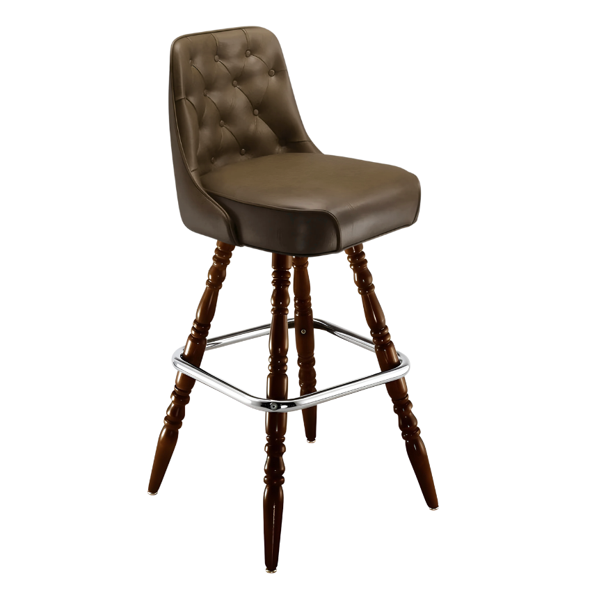 Porcini Brown Monroe Tufted bar stool featuring classic button tufting and a 90-degree auto-return wood swivel base with performance upholstery