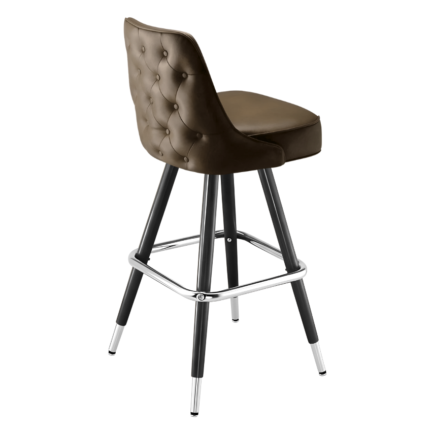 Porcini Brown Montgomery outer tufted bar stool featuring deep button tufting on the backrest and a plush upholstered seat with a sturdy black metal frame