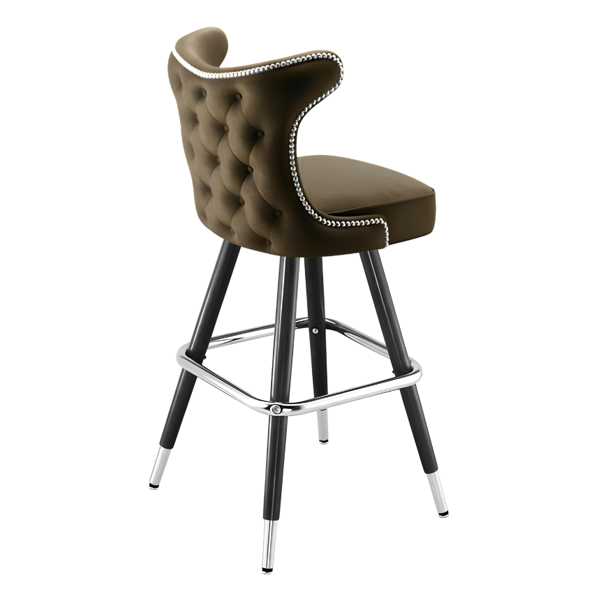 Porcini Brown Prescott Cowboy bar stool featuring classic button tufting and a 90-degree auto-return black metal swivel base with performance upholstery
