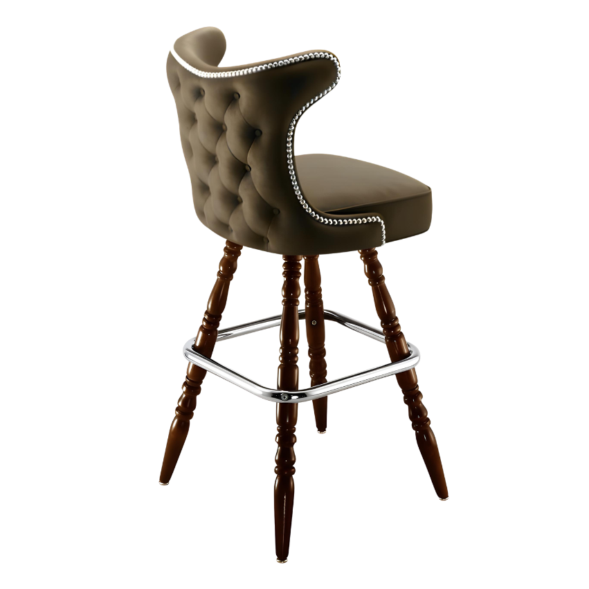 Porcini Brown Prescott Cowboy bar stool featuring classic button tufting and a 90-degree auto-return wood swivel base with performance upholstery