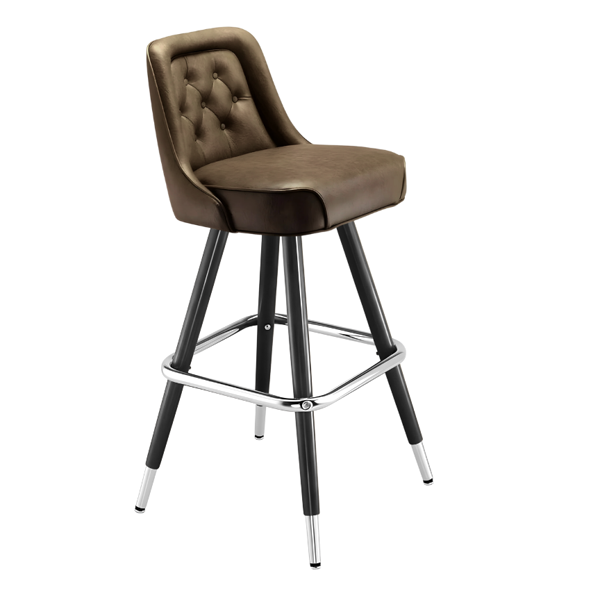 Porcini Brown Royale Diamond bar stool featuring an inner-back diamond tufted design and a softly curved upholstered seat with a sturdy black metal frame