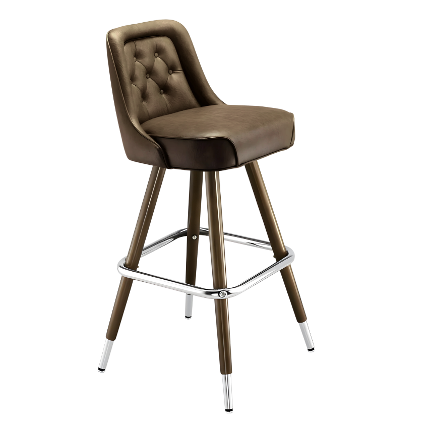 Porcini Brown Royale Diamond bar stool featuring an inner-back diamond tufted design and a softly curved upholstered seat with a sturdy wood metal frame